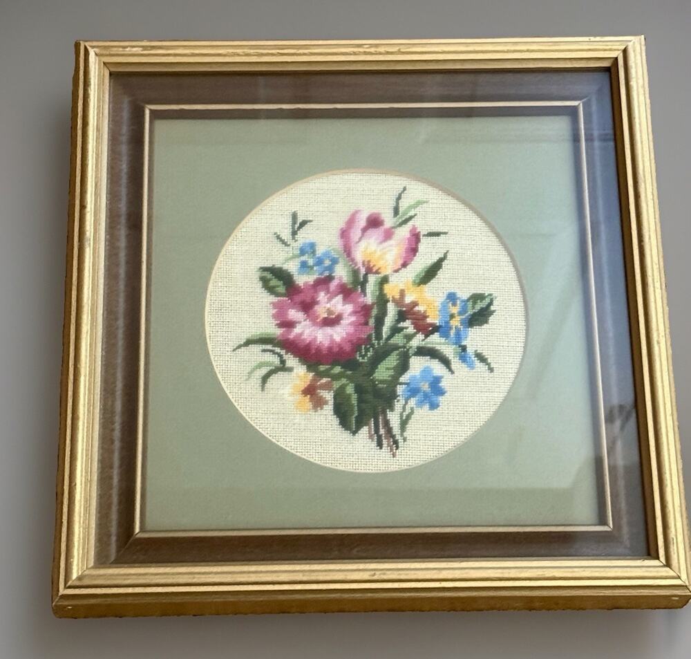 Vintage Handmade Floral Needlepoint Round Flower Bouquet Cottagecore Framed